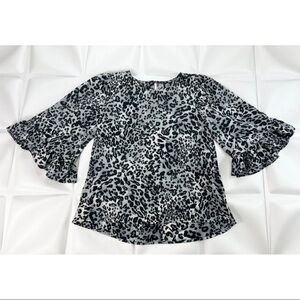 RARE Bobeau Womens Sz S Gray Black Leopard Print Ruffled Bell Sleeve Blouse Top